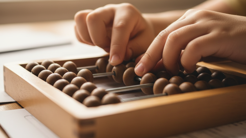 Manos de un niño moviendo las cuentas de un ábaco de madera.