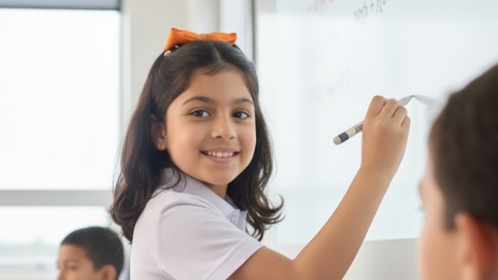 Niña sonriendo con éxito mientras resuelve un problema en una pizarra.