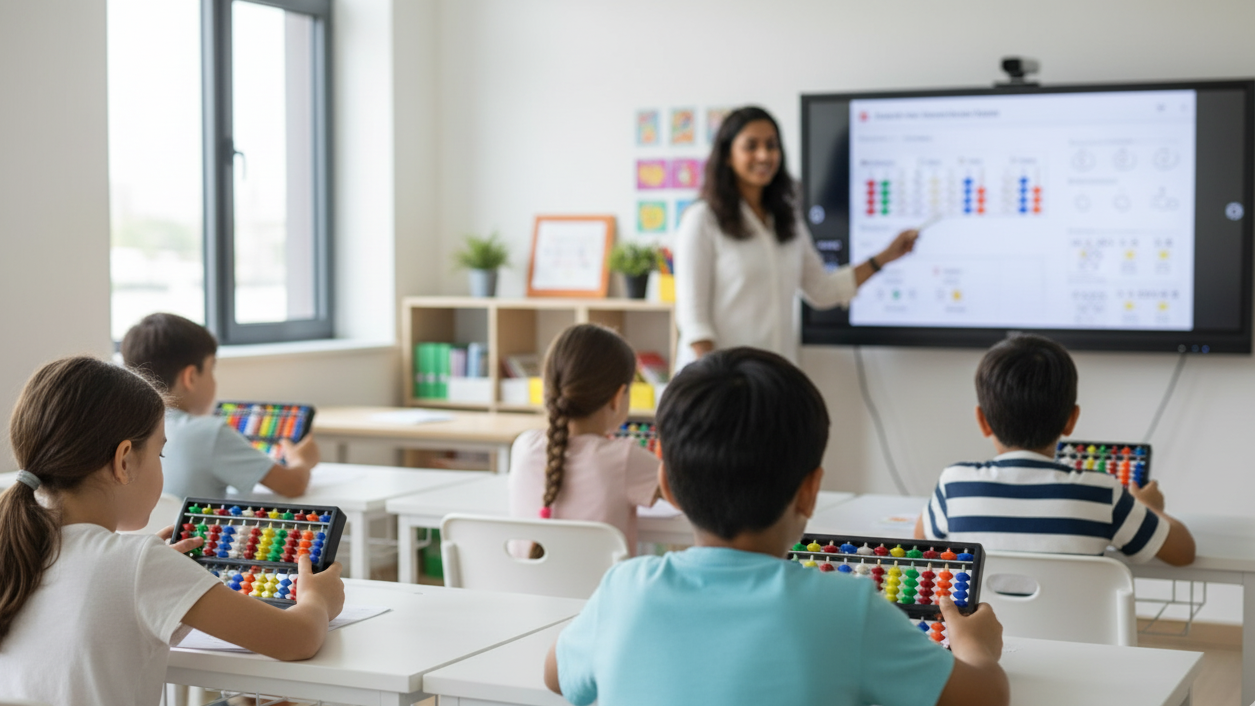 Aula SIM moderna y vibrante con estudiantes concentrados y tecnología de punta.
