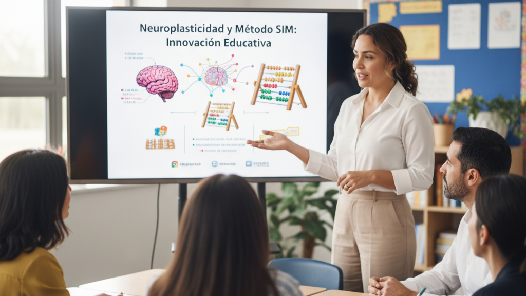 Maestra sonriendo con satisfacción en un aula moderna y colaborativa.