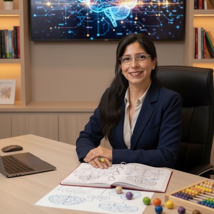 Fotografía profesional de la Psic. Dulce Jácome, sonriendo en un entorno de oficina moderno.